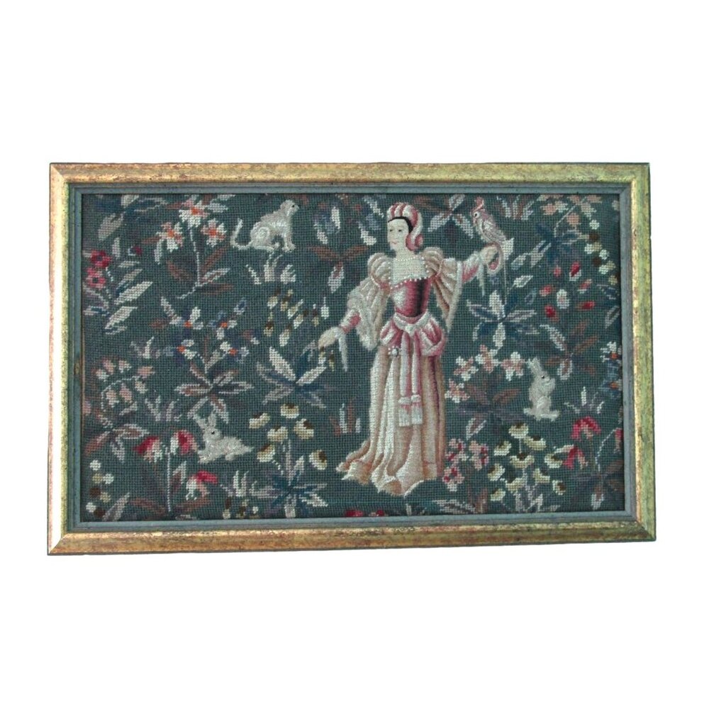 Medieval Lady Falconer Needlepoint Art In Antique Gold Frame GUC